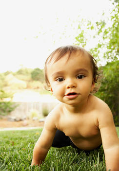 Mixed race baby boy crawling in grass