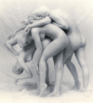 Five nude women overlapping each other, creating the motion of a curved wave