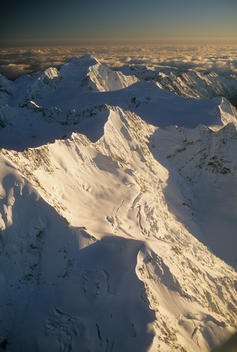 Aerial of Mount Cook - Aoraki in New Zealand. Aoraki - Mt. Cook is the highest peak in New Zealand, reaching a height of 12, 316 feet (3,754 meters) in the southern alps.