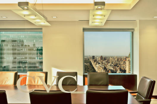View Through Glass To Conference Room, Custom Green Chairs, Recessed Ceiling, Custom Hanging Lights, Upper East Side View