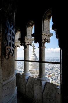 The view of Paris from the viewing area inside the dome of the Basilica Sacr?-Coeur, formally known as Basilica of the Sacred Heart of Paris, on top of Montmartre in Paris, France.