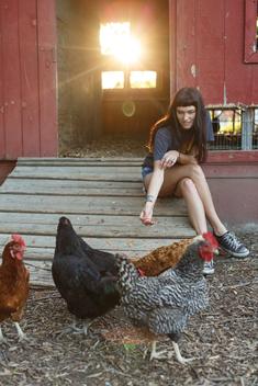 Girl with chickens and a coop on a farm in Austin, Texas