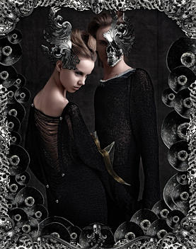 Fashion Shot Of Man And Woman With Unusual Metal Gothic Border And Masks.