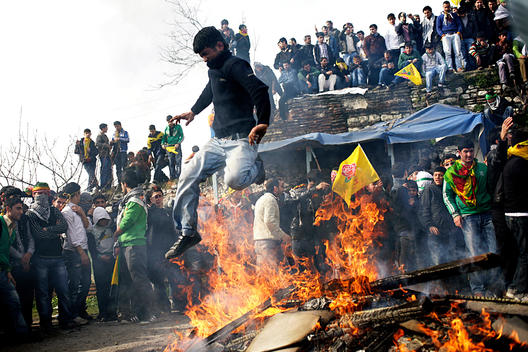 Turkey'S Kurdish Community Celebrated Newruz (Spring Festival) Near Topkapi'S Walls In The Ancient Part Of Istanbul, Turkey, On Saturday, March 21, 2009. Kurdish Youth At The End Of The Celebration Jumped Over A Big Fire To Celebrate. Youths Were Detained