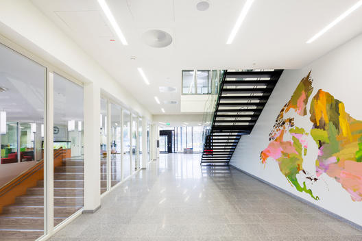World map on the wall at Veitvet Skole designed by Link Arkitektur, Oslo, Norway.