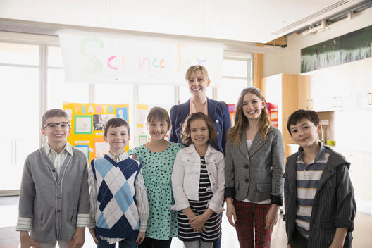 Elementary students and teacher at science fair