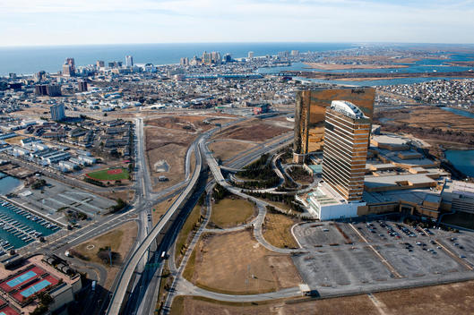 Aerial, Bright, Side View Of The Borgata Resort And The Water Club In Atlantic City, New Jersey.Aerial, Bright, Side View Of The Borgata Resort And The Water Club In Atlantic City, New Jersey.