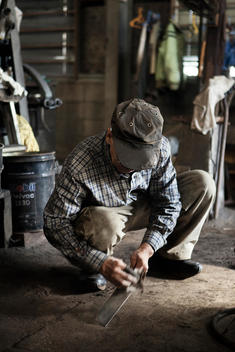 Mr Keijiro Doi in his blacksmith shop in Sakai, Japan