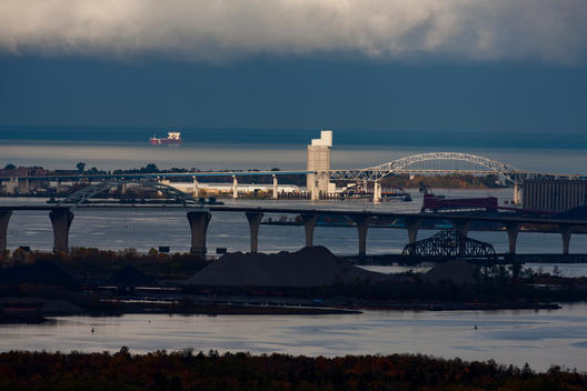 Lake Superior Ore Boat Steams Towards Port Of Duluth-Superior, Minnesota And Wisconsin.