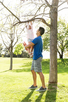 Father lifting daughter to tree