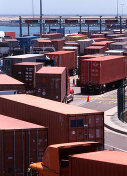 Trucks in queue at shipping terminal, Port of Los Angeles, California, United States
