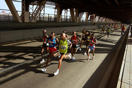 Elite runners cross the Queensboro Bridge from Queens into Manhattan while competing in the ING New York City Marathon in New York, New York on November 4, 2007.