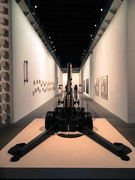 A installation of sculpture and art at a modern art museum.