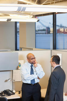 Businessmen working together in office cubicle