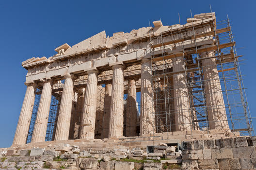 Scaffolding Assisting Repairs At The Parthenon, Athens, Greece.