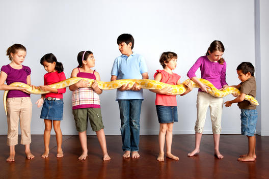 Group of talking children and holding a ten foot yellow python