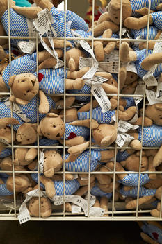 A bunch of teddy bears for sale in a basket