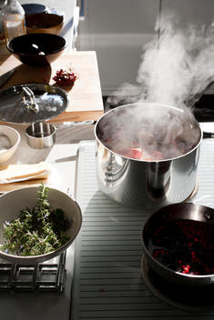 Steam Rising From Pot On Electric Range In Kitchen