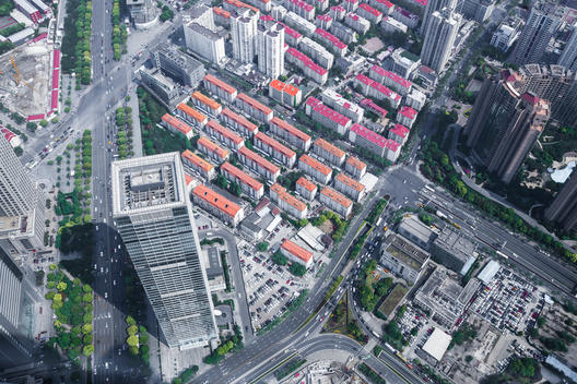 Aerial view on streets and houses in the financial center of Shanghai