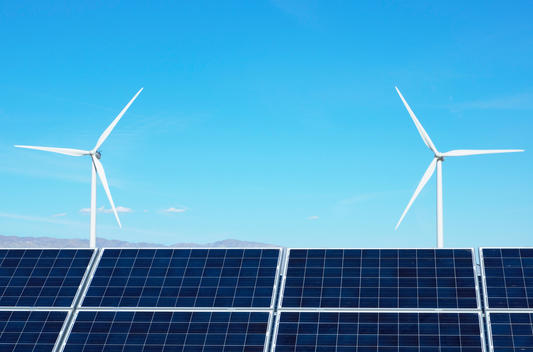 Photovoltaic solar panels and wind turbines, San Gorgonio Pass Wind Farm, Palm Springs, California, USA
