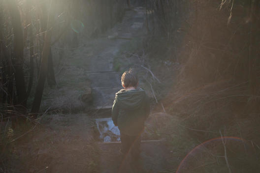 Child in the woods on a path into the flare