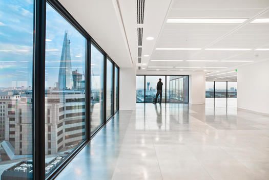 Empty luxury office floor with view of the Shard at 110 Cannon Street designed by MoreySmith, London, UK