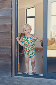 Smiling little boy standing at the door