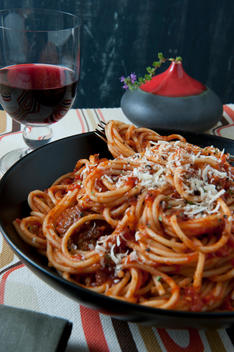 Spaghetti, Sauce, Basil, Parmesan And Wine
