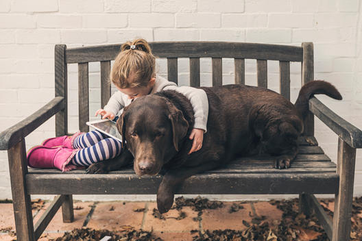 Young Girl (4 yrs old) using Tablet on Bench with Pet Dog