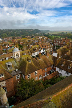 View from roof top of Rye St Mary\'s Church over Rye town, Cinq Ports, a 900 year old church which has the oldest working church tower clock in the country