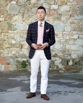 Well Dressed Japanese Man Wearing A Blazer And White Trousers, Florence, Tuscany, Italy.