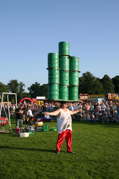 John Evans Also Known As The \'Head Balancer\' Balancing Barrels On His Head At The 2008 Burnley Balloon Festival.