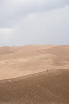 A father and son hike off into the distance at Great Sand Dunes National Park in Colorado.