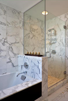 Marble-Lined Bathtub And Shower; Marble Walls Everywhere