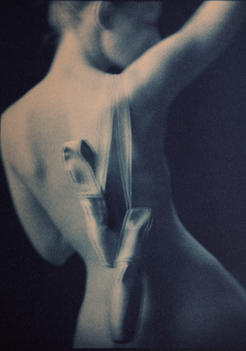 Blue Print Of A Nude Ballet Dancer With Dance Slippers Hanging Over Shoulder
