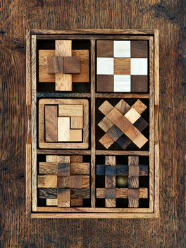Wooden toy blocks in box