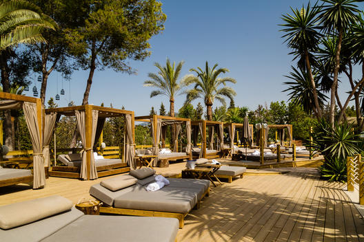 NAO Pool Club is a New Concept: Pool Club & Restaurant in Puerto Banus surrounded by nature . Sun beds area, early morning light.