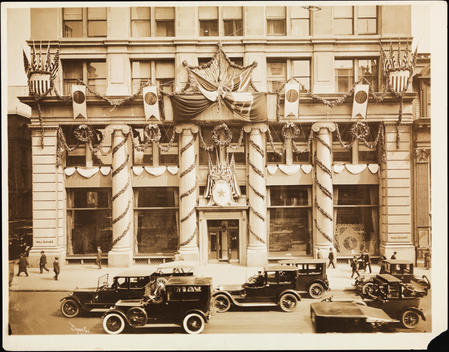 The W. & J. Sloane Building At 575 5Th Ave. (47Th Street & 5Th Avenue) Decorated With Garlands Of Flowers And Flags For A Red Cross Celebration.