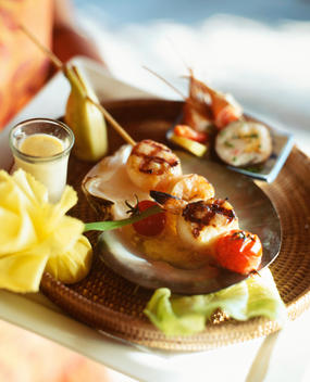 Tropical Food Plate, Prawn And Scallop Skewer