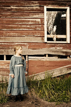 A young girl with her long brown hair in a plait/braid, dressed in an olden day style blue dress with cream bow, stands in dirt and overgrown green grass in front of a rustic reddy brown wooden barn. Her head is turned to the side.