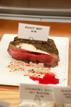 Fresh Roastbeef On Display On A White Plate With Blood