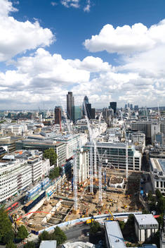 London skyline from St Paul\'s Cathedral with One New Change Construction site in the foreground, London, UK.