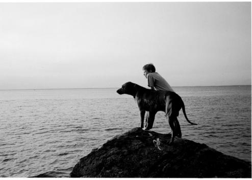 Boy With Dog Looking Out Over Ocean
