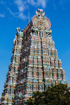 Sri Meenakshi Temple against blue sky, Madurai, Tamil Nadu, India