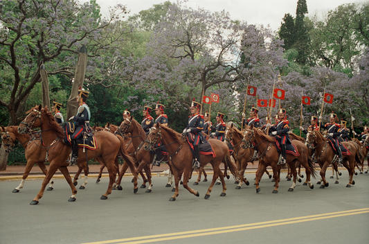 A Crowd Of Police Parade Down A Street On Horseback In Buenos Aires.