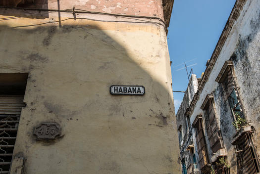 Street marker for Calle Habana on the corner of a tan colonial building in Havana Centro, La Habana, Cuba