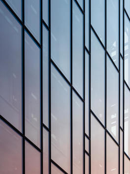 Pink light reflecting in glass windows, Novum Cinema Complex, Trondheim, Norway, Link Arkitektur AS.