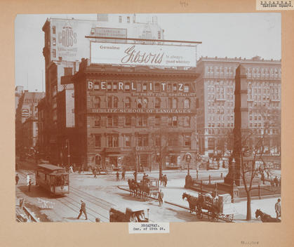 The Corner Of Broadway And 25Th St. Showing A Portion Of Madison Sq. Including The Worth Monument. The Berlitz School Of Languages On 25Thst. Is Prominent. Also In That Building Is The Head Office Of The Lebanon Spring Water Co. A Streetcar, Horse And Car