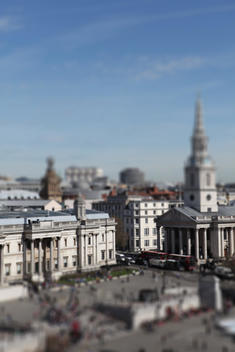 view of the National Gallery in Trafalgar Square and St Martin in the Fields Church, using tilt and shift technique