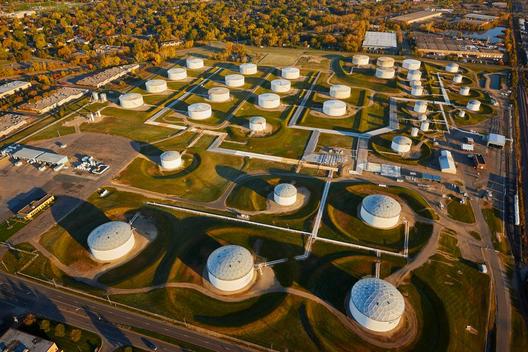 Low level aerial photograph of an oil storage facility near Anoka, Minn.